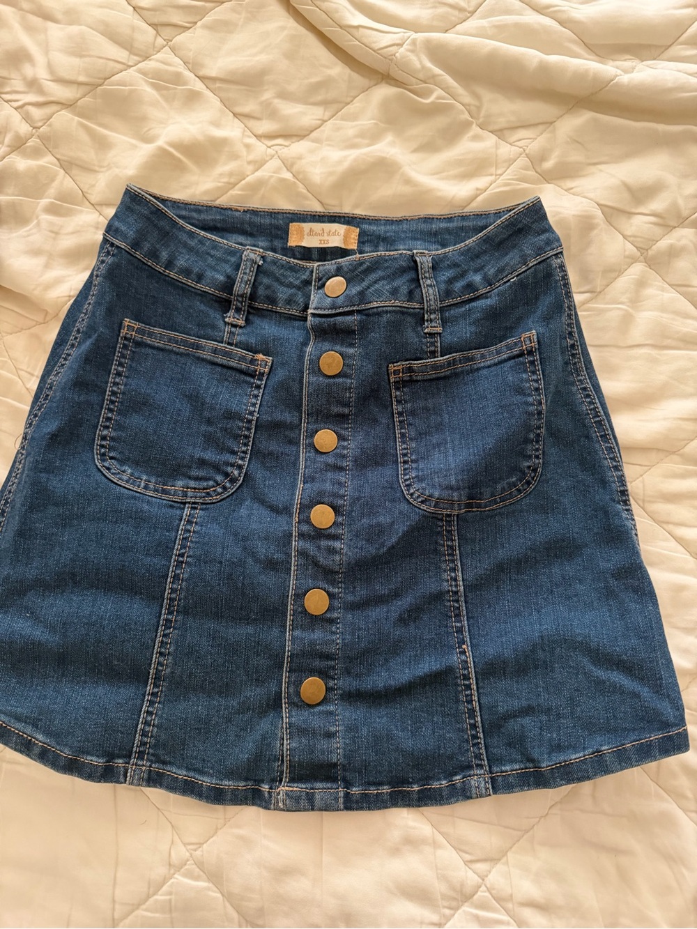 Altar'd State Dark Blue Denim Button-Front Mini Skirt
